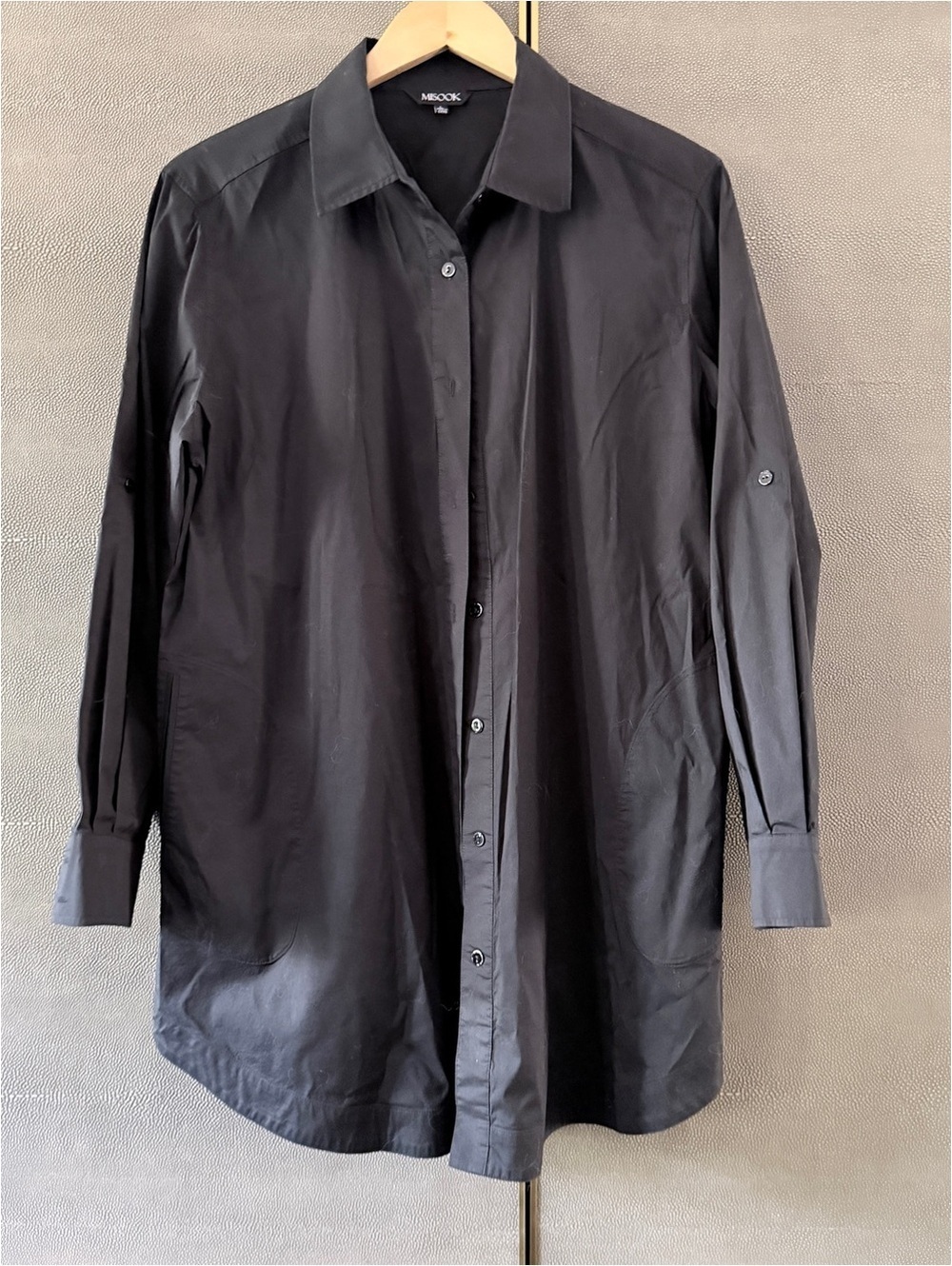 Misook Black Button-Up Shirt with Classic Collar and Long Sleeves, Size Medium